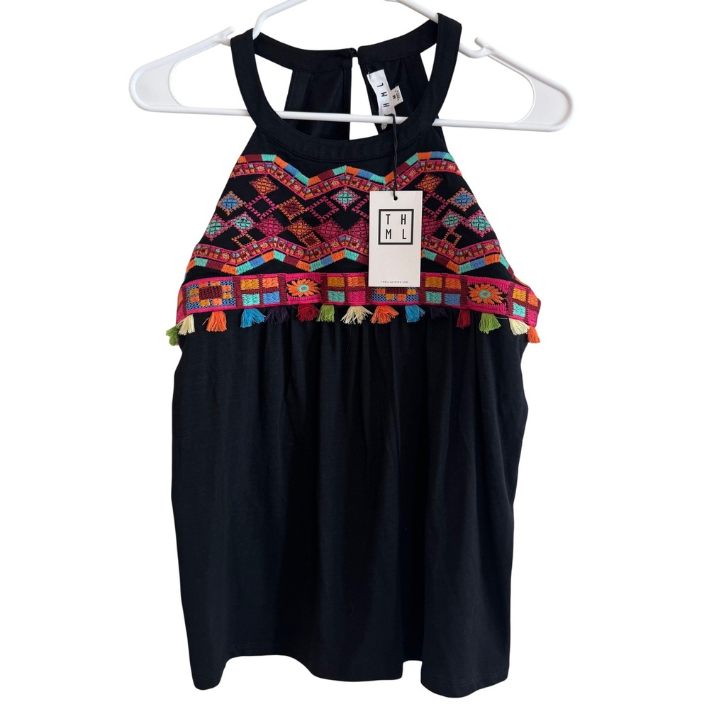 THML Black Tank Top with Multicolor Embroidered Yoke and Tassels